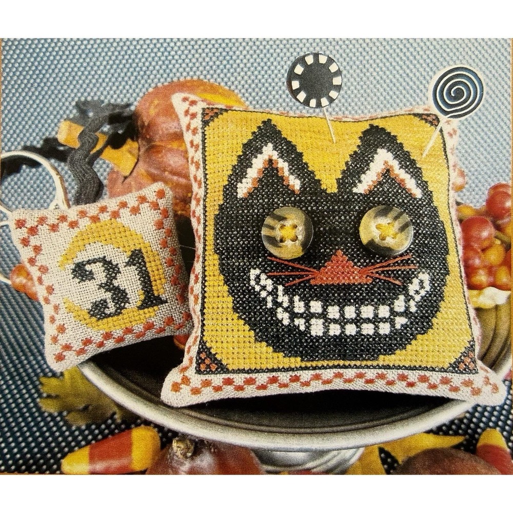 Button Eyed Cat Pin Pillow & Fob Cross Stitch Pattern By The Scarlett House